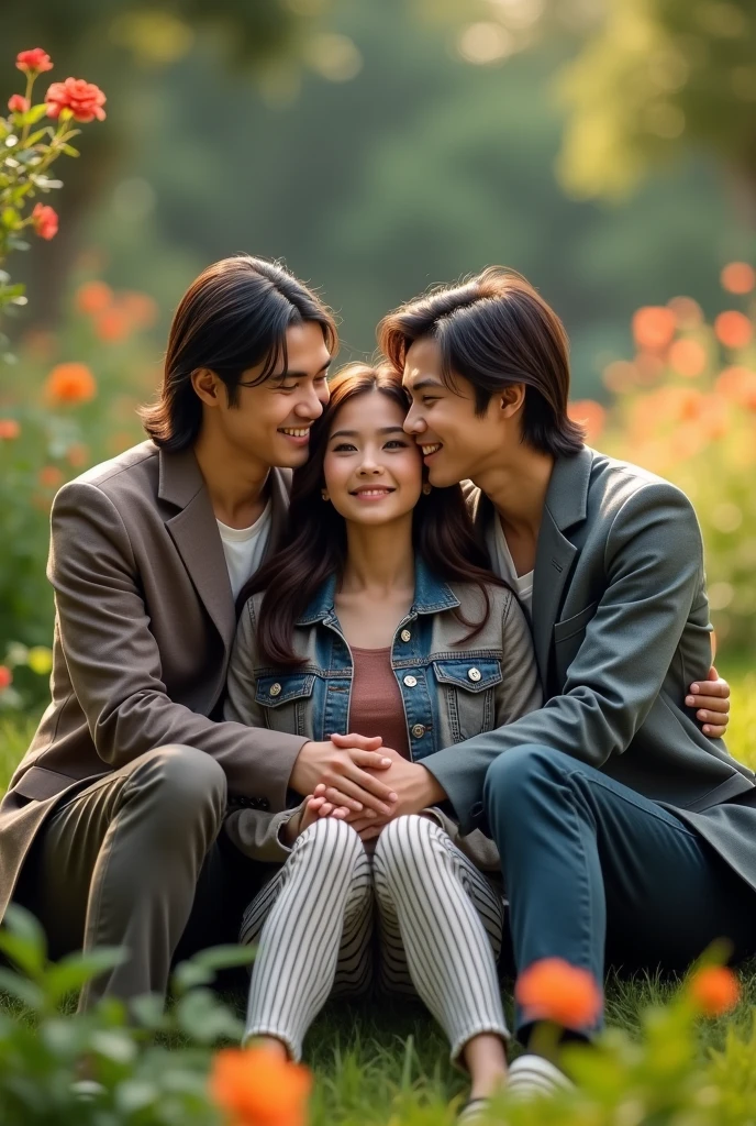 full body) Asian male couple with medium length mauve mullet haircut wearing a suit jacket and Asian female with long hair style, wearing striped pants,short jeans,pashmina,sneakers) They are sitting, hugging, smiling, their eyes open with a focused gaze ahead in the garden and flowers, capturing the romance with soft, romantic light reflections, looking natural and genuine.. 35k resolution full HD., photo