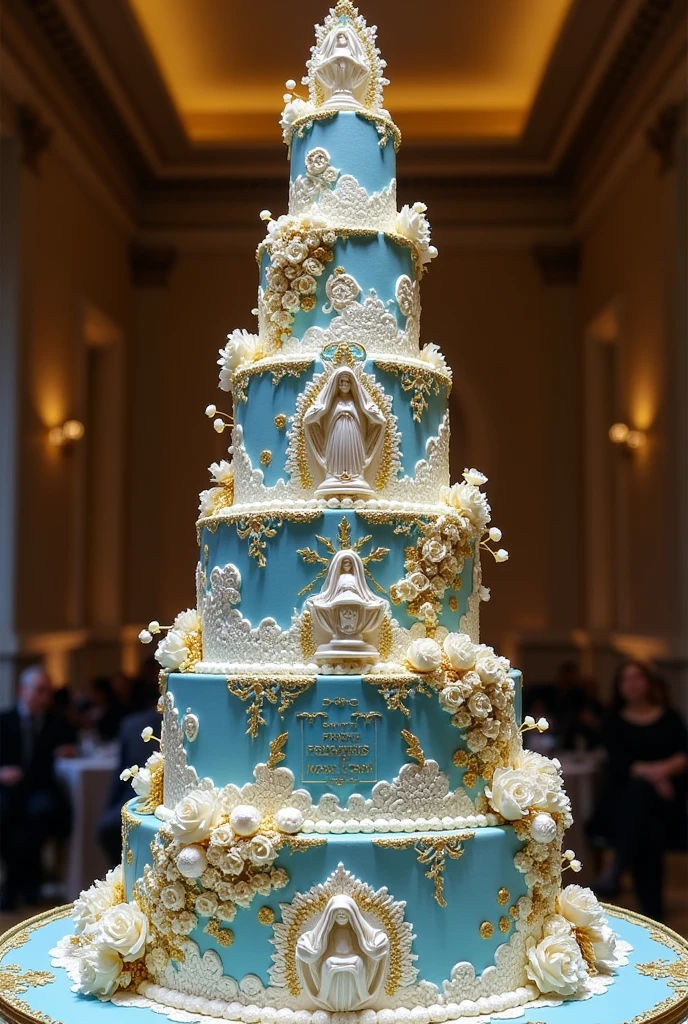 I need a cake for the 100th anniversary of Our Lady of Sorrows. In which Marian colors and 100-year colors are involved (dorado). From 2 to 3 floors