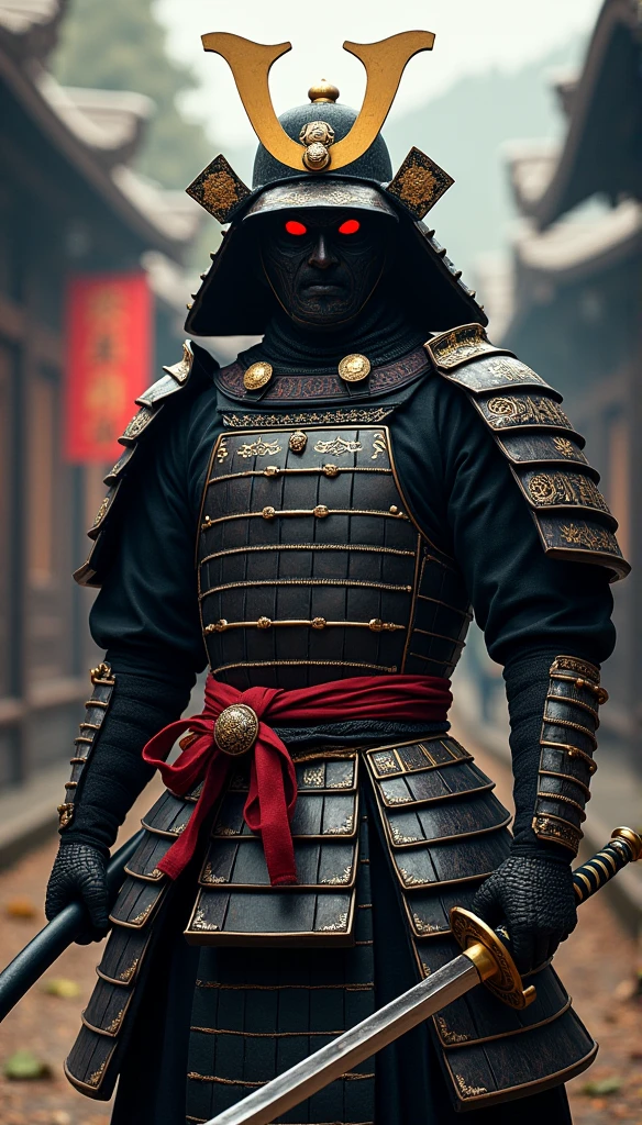 (Best quality,4K,8K,A high resolution,Masterpiece:1.2),Ultra-detailed,(Realistic,Photorealistic,photo-realistic:1.37),Feudal Japanese samurai of the Warring States period, Wearing a full suit of samurai armor, Wearing a black samurai mask, Wielding a sharp katana, Exudes a strong sense of intimidation, Glowing red eyes, Mikawa Samurai