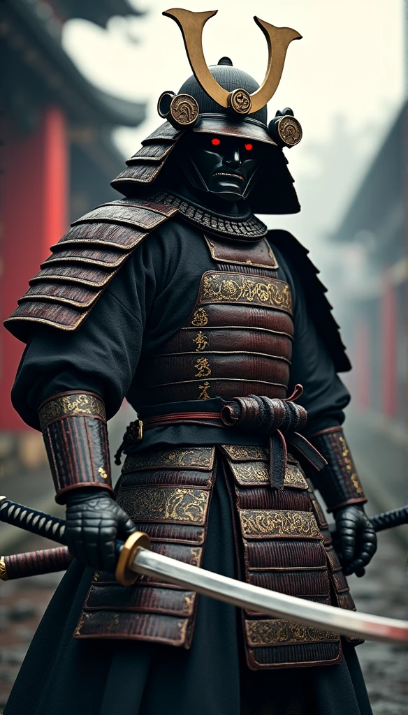 (Best quality,4K,8K,A high resolution,Masterpiece:1.2),Ultra-detailed,(Realistic,Photorealistic,photo-realistic:1.37),Feudal Japanese samurai of the Warring States period, Wearing a full suit of samurai armor, Wearing a black samurai mask, Wielding a sharp katana, Exudes a strong sense of intimidation, Glowing red eyes, Mikawa Samurai