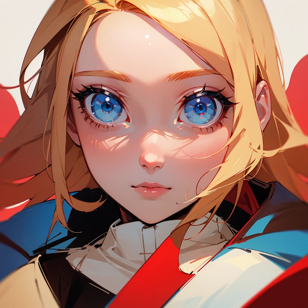 Icon with red aesthetics of a blonde woman with blue eyes