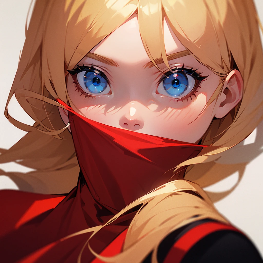Icon with red aesthetics of a blonde woman with blue eyes