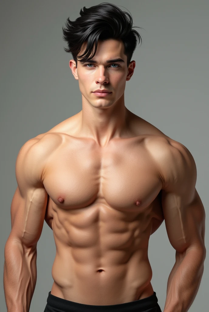 handsome boy, blue eyes, black hair, White skin, high, beautiful pecs 