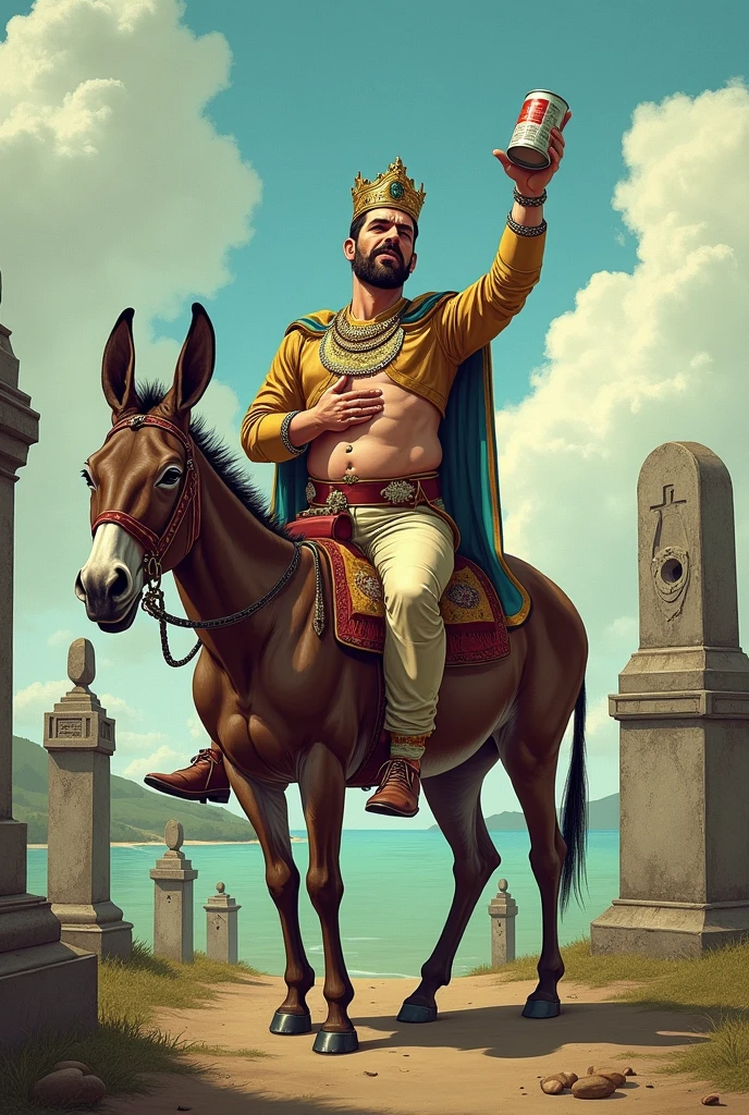 Create an illustration of Dom Pedro I with a severe stomach ache on a donkey on the banks of the Ipiranga River , and pointing a can of beans towards the sky surrounded by tombs and enslaved people