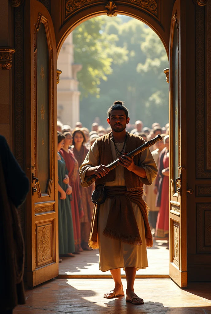The man with his quena leaves the palace and everyone in the palace watches him.