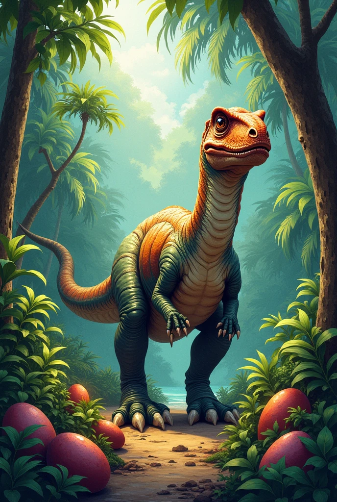 Image with name "aereosteon riocoloradesis" in the center and on the sides dinosaur eggs , The dinosaur Aereosteon riocoloradensis and other dinosaurs in a jungle