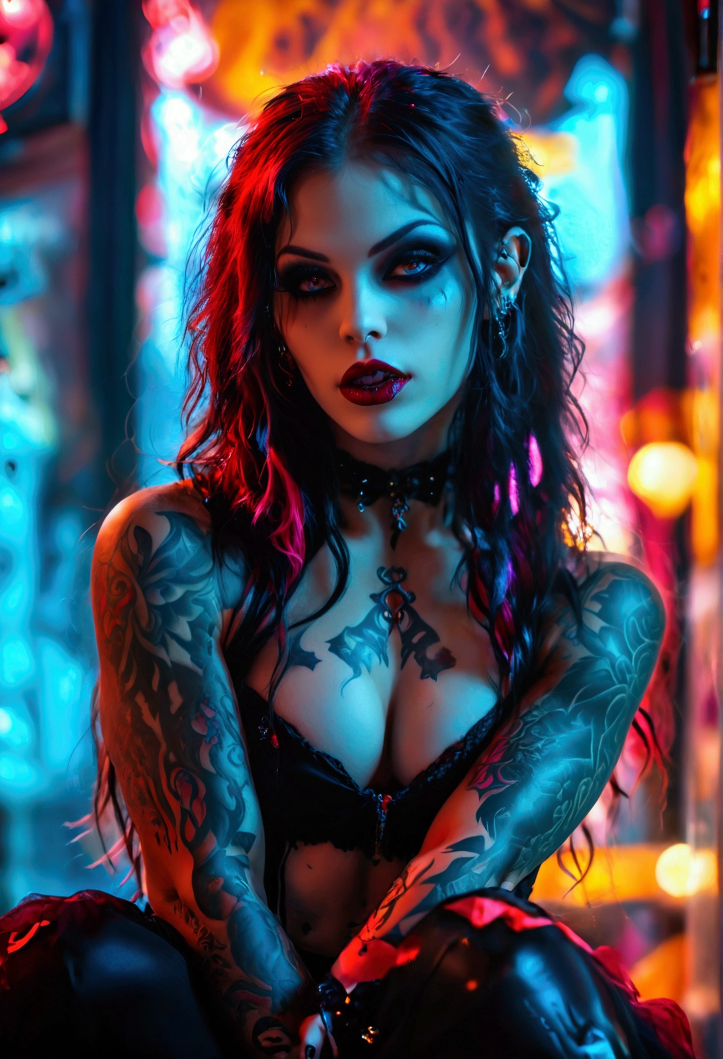 Create a hyper detailed photograph of a tattooed muscular young sexy goth vampire girl, Stunningly perfect gorgeous feminine face, perfect vampire teeth, perfect makeup, detailed vibrant eyes, long flowing hair, big beautiful muscular legs, big beautiful muscular arms, perfect hour glass body figure, detailed smooth skin, large breast, perfect round ass, complete full body view,