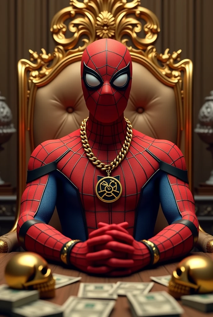 Generate a 3D photo of Spiderman in a very beautiful room full of golden things with his hand on a table with his fingers crossed and sitting in an armchair with golden skulls on top of his table and money in front of his table he sitting with his fingers crossed on top of the table looking straight ahead and with a gold chain around his neck and in the middle of the chain it says Cipher