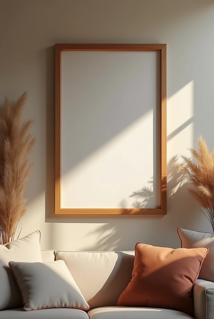 Modern wood picture horizontal frame in 16:9 ratio at cozy living room, 4k