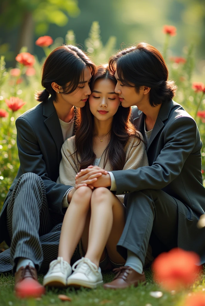 full body) Asian male couple with medium length mauve mullet haircut wearing a suit jacket and Asian female with long hair style, wearing striped pants,short jeans,pashmina,sneakers) They are sitting, hugging, smiling, their eyes open with a focused gaze ahead in the garden and flowers, capturing the romance with soft, romantic light reflections, looking natural and genuine.. 35k resolution full HD., photo