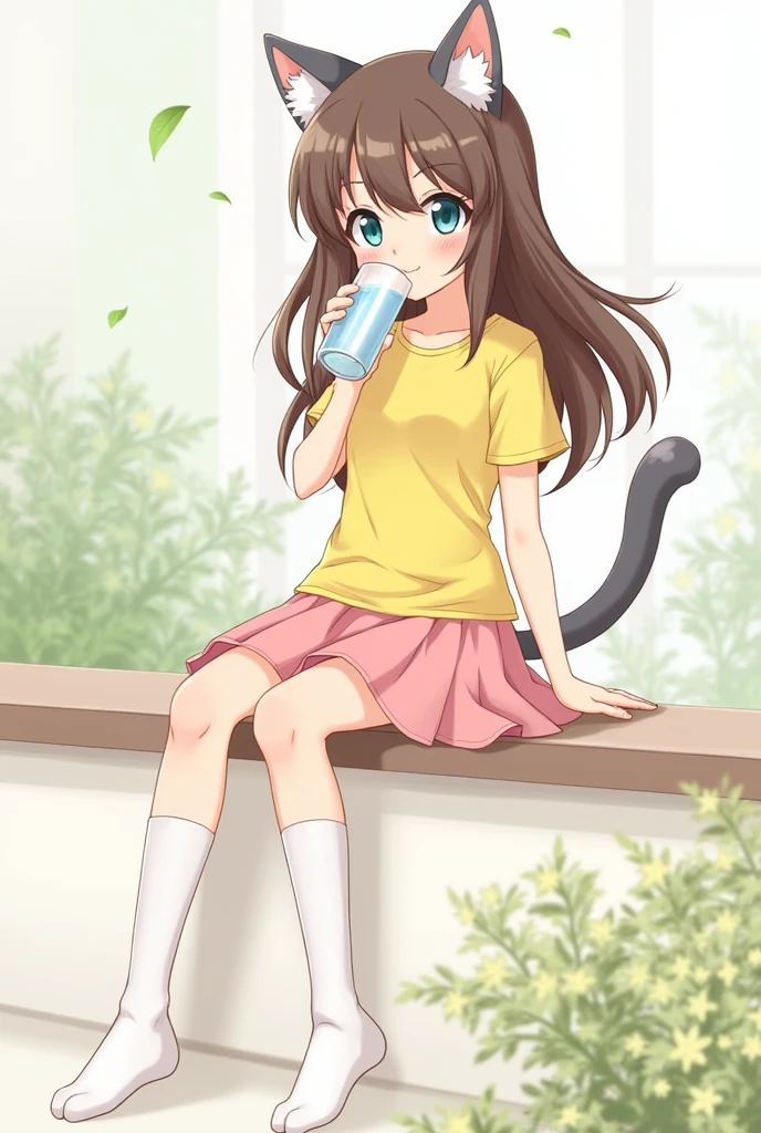 Anime girl with brown hair,gray cat ears, yellow t-shirt, pink skirt, white long socks white with blue eyes and drinking water