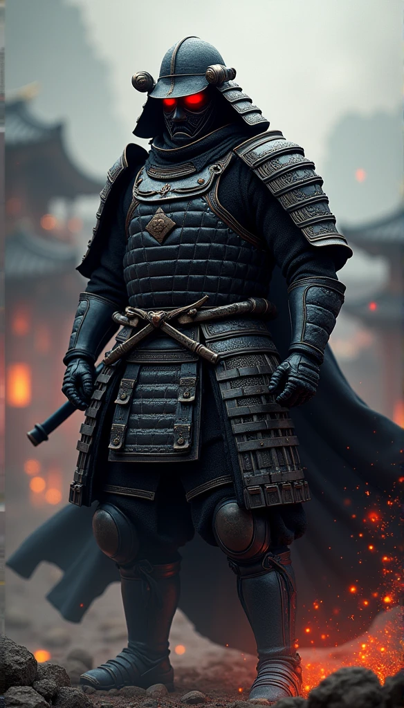 (a powerful samurai warrior:1.1, intense atmosphere, black armored helmet, dark samurai mask covering the face, black gauntlets, black leg armor, glowing red eyes, imposing presence, feudal era noble, Samurai warrior from the Sengoku period, formidable figure, battle-ready, fearless:1.1)