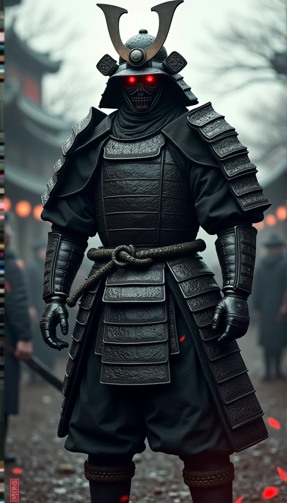 (a powerful samurai warrior:1.1, intense atmosphere, black armored helmet, dark samurai mask covering the face, black gauntlets, black leg armor, glowing red eyes, imposing presence, feudal era noble, Samurai warrior from the Sengoku period, formidable figure, battle-ready, fearless:1.1)