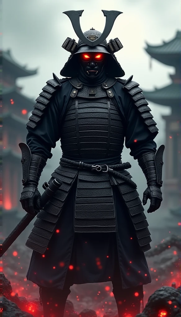 (a powerful samurai warrior:1.1, intense atmosphere, black armored helmet, dark samurai mask covering the face, black gauntlets, black leg armor, glowing red eyes, imposing presence, feudal era noble, Samurai warrior from the Sengoku period, formidable figure, battle-ready, fearless:1.1)