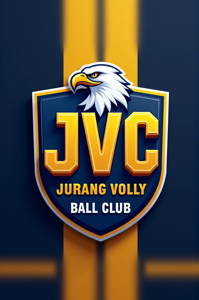 3D text logo for a volleyball club with the inscription “JVC” and the text “JURANG VOLLY BALL CLUB” below it. Use an eagle mascot inside a blue and yellow shield.