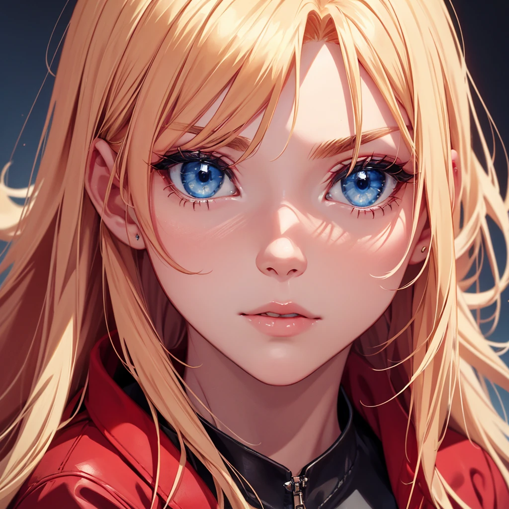 Icon with red aesthetics of a blonde woman with blue eyes