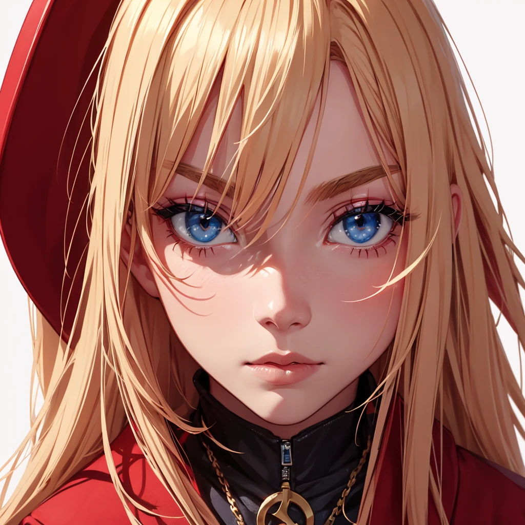 Icon with red aesthetics of a blonde woman with blue eyes