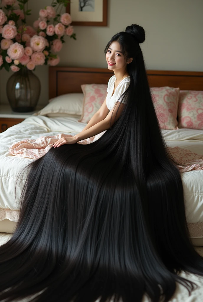 Pretty Asian women、Full body photo、Head to toe photos、Taken from about 4 meters away、ultra-realistic、. with hair Bun,(((The size of the bun is 6 times the size of his head))), a very large traditional bun hair bun  ,with The longest black hair in the world、Hair longer than Rapunzel、She has very long black hair that covers her entire body...、Hair that is shampooed every day is so beautiful、I&#39;s hair isバラの香りがして、My very long black hair makes me look sexy.、My charm is my long black hair、Long black hair is a symbol of beauty、I&#39;I am proud of my long black hair、This long hair length and volume is admired around the world.、Her very long black hair is fanned out、Smooth black hair that flows from shoulders to floor、I have a lot of hair、Cover the entire bed with hair、Hide your hands with your long hair、Hide your fingers with your long hair、A storm of black hair about to overflow from the screen、,Full body photo,超Super long hair、naked、the most Beautiful Hair in the world、Lie on your back in bed 、Long hair covering her vagina,wear red kebaya batik motif,Cover the whole body with straight hair、Very beautiful face、beautifully styled black hair、Very large amounts of hair、Super long hair that accentuates femininity&#39;sexly、Slim figure、Beautiful and shiny hair、Bright lighting、Professional Lighting、Full body photo、Black hair contest winner、the place is a bedroom from flower、My hair is reaching the floor of flower and dragging、Full of black hair、She is leaning on the bed from flower, Show off your long hair.、The bed from flower is full of hair、Long black hair covers the whole body、Super long hair、Best image quality、highest quality、Highest Resolution、Ultra-realistic photos、Full body photo、1 girl、Very beautiful face、 Real Photo、Live-action,((large breast:1.6),((pose looking back over shoulder)),smile happy 
