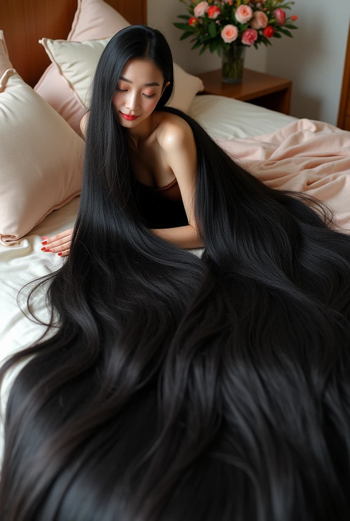 Pretty Asian women、Full body photo、Head to toe photos、Taken from about 4 meters away、ultra-realistic、. with hair Bun,(((The size of the bun is 6 times the size of his head))), a very large traditional bun hair bun ,with The longest black hair in the world、Hair longer than Rapunzel、She has very long black hair that covers her entire body...、Hair that is shampooed every day is so beautiful、I's hair isバラの香りがして、My very long black hair makes me look sexy.、My charm is my long black hair、Long black hair is a symbol of beauty、I'I am proud of my long black hair、This long hair length and volume is admired around the world.、Her very long black hair is fanned out、Smooth black hair that flows from shoulders to floor、I have a lot of hair、Cover the entire bed with hair、Hide your hands with your long hair、Hide your fingers with your long hair、A storm of black hair about to overflow from the screen、,Full body photo,超Super long hair、naked、the most Beautiful Hair in the world、Lie on your back in bed 、Long hair covering her vagina,wear red kebaya batik motif,Cover the whole body with straight hair、Very beautiful face、beautifully styled black hair、Very large amounts of hair、Super long hair that accentuates femininity'sexly、Slim figure、Beautiful and shiny hair、Bright lighting、Professional Lighting、Full body photo、Black hair contest winner、the place is a bedroom from flower、My hair is reaching the floor of flower and dragging、Full of black hair、She is leaning on the bed from flower, Show off your long hair.、The bed from flower is full of hair、Long black hair covers the whole body、Super long hair、Best image quality、highest quality、Highest Resolution、Ultra-realistic photos、Full body photo、1 girl、Very beautiful face、 Real Photo、Live-action,((large breast:1.6),((pose looking back over shoulder)),smile happy