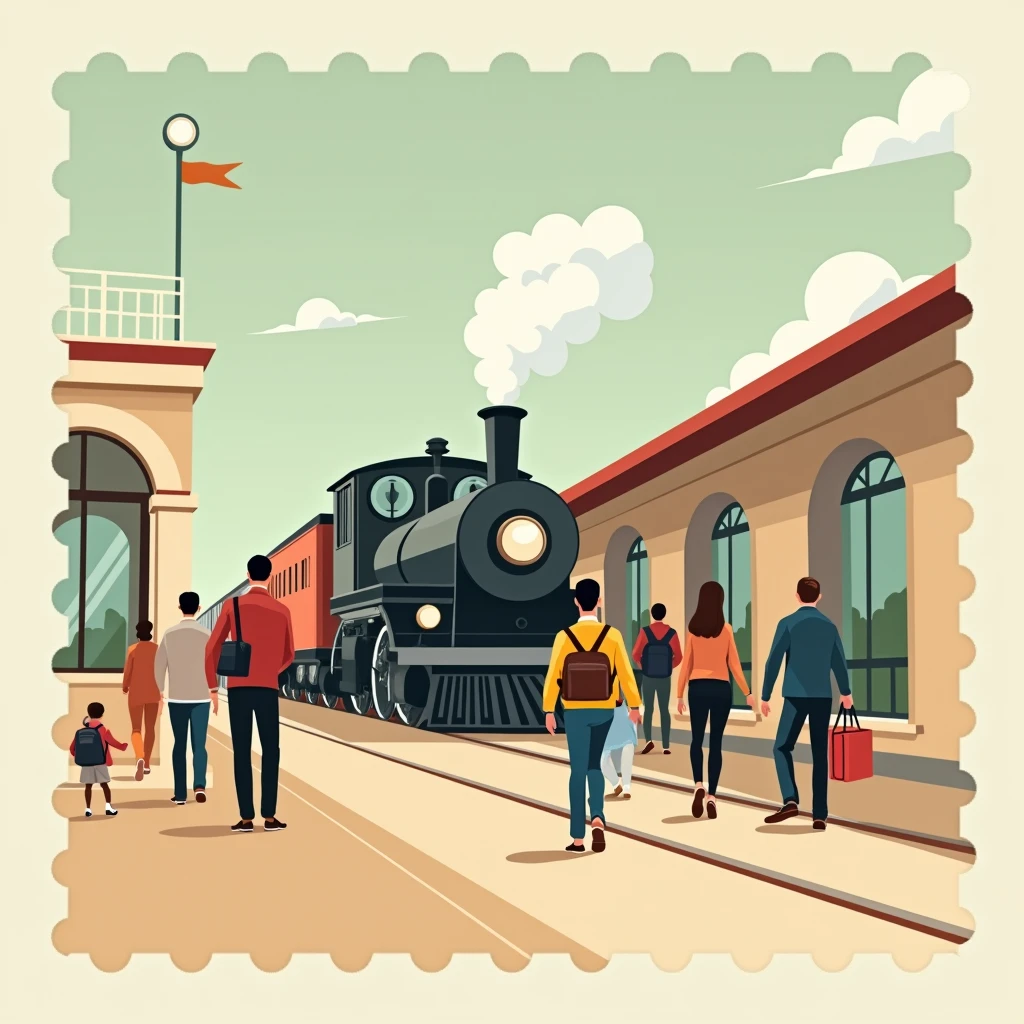 Retro Style，flat design，Some people are getting on the train.，Vintage locomotive，TRAIN STATION，Minimalist style，Non-realistic style，Stamp design