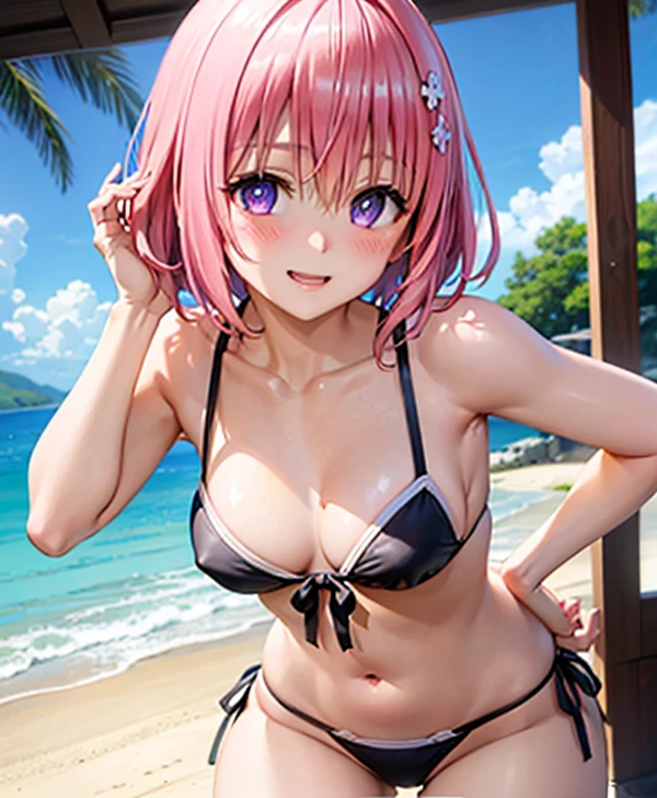 (Highest quality), (masterpiece), high resolution, Realistic texture, close,Beach、Extremely small sexy micro bikini
, momo velia deviluke, Playing innocently、hair ornaments, Bobcut, Short Hair Pink Hair, Purple eyes, (Big Breasts), , , (blush:1.2), smile,smile、Open your mouth
、On all fours、Shooting from behind、looking at the camera、whole body、Emphasize the chest
