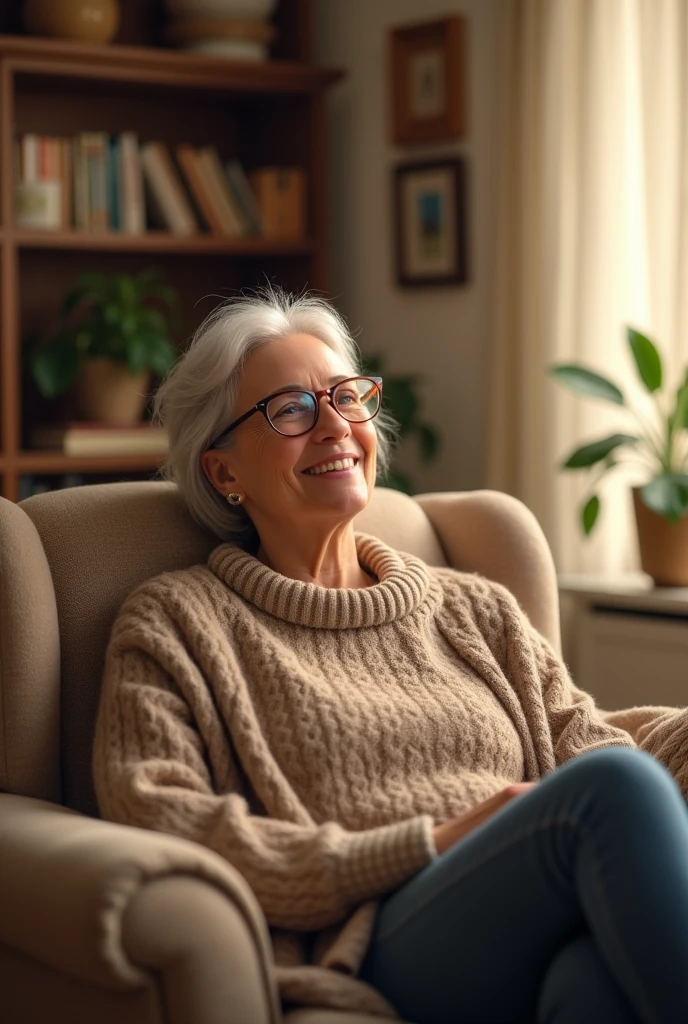 Happy woman with glasses sitting in her living room