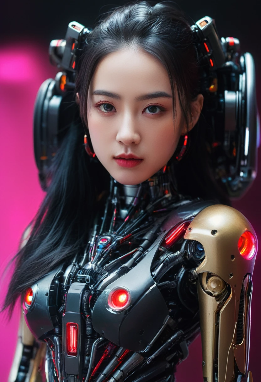 xxmixgirl. Highly detailed professional 35mm film, bokeh, face in sharp focus. A robotic female, Miku, with ((metal skin)), ((perfect Asian eyes)) with magenta irises and ((black pupils)), beautiful serious (detailed face), 18 year old ((photorealistic face)), very long magenta twin tails of magenta hair, twin black hair ties with a single red stripe. She may have a black audio headpiece. We can see her ((full body)) down to her boot soles. Her outfit is a sleeveless collared light grey shirt, outlined in red around the frilled collar and hems. Shiny reflective ((metallic breast cups, dimpleless)), invisible nipples. She wears black sleeves with red hems that start around her upper arm and bellow out as the sleeves open and extend to her wrists, with wide trumpet red rimmed cuffs. She has perfect robotic (detailed hands). She wears a red colored tie with two horizontal solid parallel black lines halfway across. She wears a fabric black skirt with a horizontal red hem at the bottom all the way around; her (((black skirt wraps around her))) and ((her skirt completely covers)) her robotic waist and thighs. Tall black boots with red bottom soles, a red rim around the top at her thighs. Her mechanical shoulder joints are visible. We can see her robotic legs and robotic neck. Half of her is covered with shiny polished machinery. The background is a distant dark neon futuristic Japanese city, gold, cyan, violet neon, near harbor or mountains.