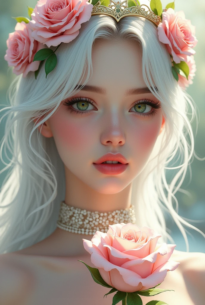 Hay una mujer sosteniendo una rosas y una corona de flores y de ojos verdes., portrait of Blanco como la nieve, obra de arte al estilo de guweiz, pale Blanco como la nieve skin, en el estilo artístico de bowater, loish y wlop, hermosa obra de arte digital, hermosa pintura de personajes, Blanco como la nieve, inspirado en WLOP, 4k de alta definición. Blanco como la nieve hair, pintura realista linda chica, Lalisa Manoban de Blackpink,(beautiful makeup :1.2), Wide hips, big, big ass, (best quality, 8K, masterpiece: 1.3), Clear focus: 1.2, Perfect body beauty: 1.4, strong abs, Very detailed face and skin texture. , detailed eyes, double eyelids, (long hair), having very marked curves, with greater volume in ((hips and breasts)), which makes the waist look much smaller ((wasp waist)).