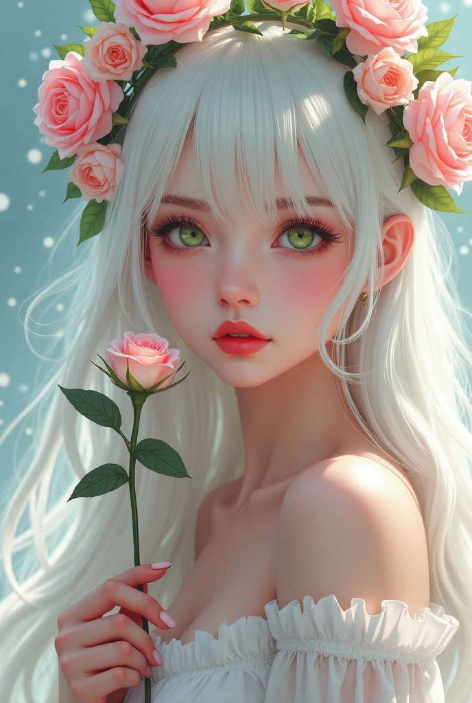 Hay una mujer sosteniendo una rosas y una corona de flores y de ojos verdes., portrait of Blanco como la nieve, obra de arte al estilo de guweiz, pale Blanco como la nieve skin, en el estilo artístico de bowater, loish y wlop, hermosa obra de arte digital, hermosa pintura de personajes, Blanco como la nieve, inspirado en WLOP, 4k de alta definición. Blanco como la nieve hair, pintura realista linda chica, Lalisa Manoban de Blackpink,(beautiful makeup :1.2), Wide hips, big, big ass, (best quality, 8K, masterpiece: 1.3), Clear focus: 1.2, Perfect body beauty: 1.4, strong abs, Very detailed face and skin texture. , detailed eyes, double eyelids, (long hair), having very marked curves, with greater volume in ((hips and breasts)), which makes the waist look much smaller ((wasp waist)).