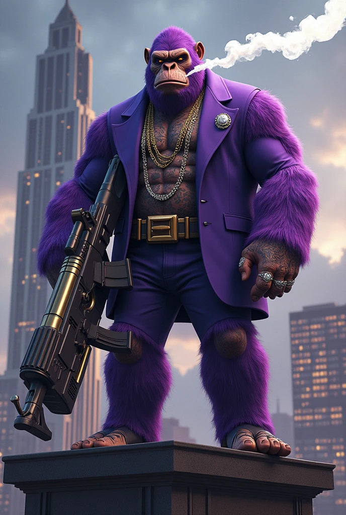 1 purple ape, on the roof of a building, With giant and high-caliber weapons, with gangster SUIT with chains, tattooed, with huge diamond and gold rings, smoking with a pipe, with the words in the sky that say "first drop"