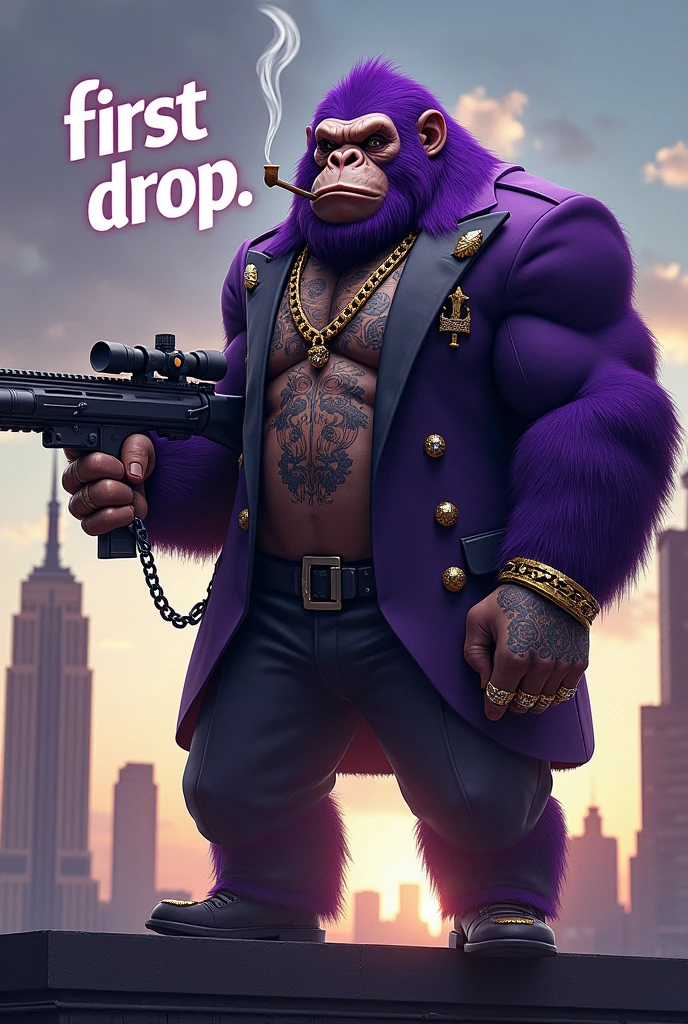 1 purple ape, on the roof of a building, With giant and high-caliber weapons, with gangster SUIT with chains, tattooed, with huge diamond and gold rings, smoking with a pipe, with the words in the sky that say "first drop"