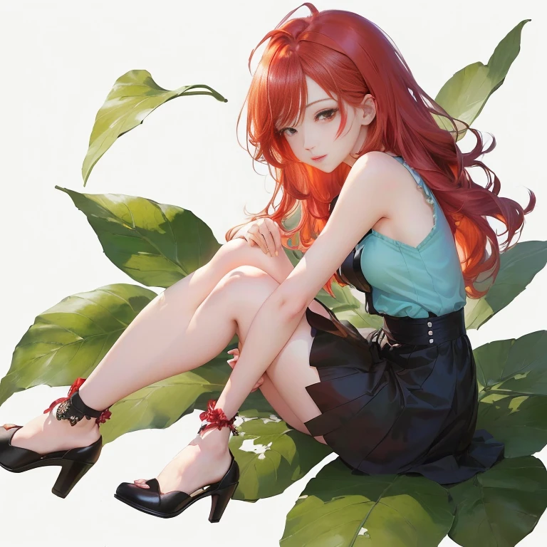 anime girl sitting on a leaf with her legs crossed, painted in anime painter studio, made with anime painter studio, beautiful anime girl, (anime girl), seductive anime girl, marin kitagawa fanart, red hair girl, red haired girl, beautiful anime woman, cute anime girl, pretty anime girl, attractive anime girl, digital art on pixiv