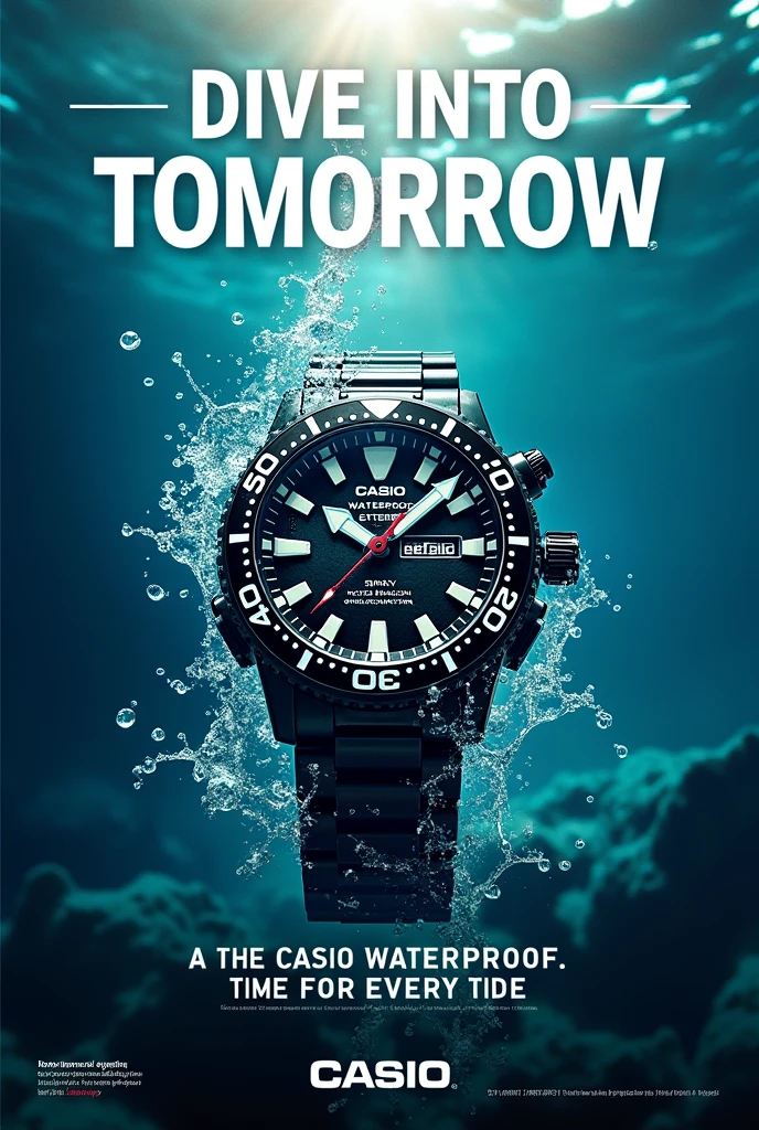 Headline: Dive into Tomorrow
Body copy:
Beyond the surface lies adventure. The Casio Waterproof Watch is your ultimate aquatic partner. Crafted for the depths, yet designed for every day. Its sleek profile hides a spirit of resilience, ready to conquer any wave or pool.
Dare to explore. Your time starts now.
Call to action: Make a splash. Visit your nearest Casio dealer or explore our collection at [Website].
Tagline: Casio Waterproof. Time for Every Tide.
add tagline and headline on picture with call to action