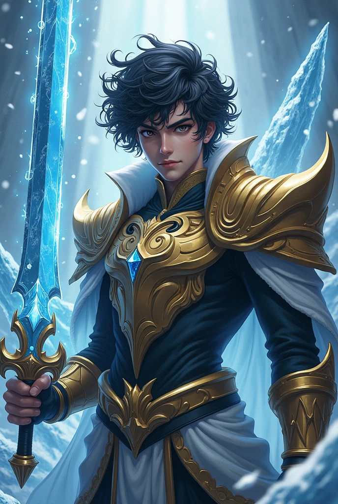 Anime Guy, curly hair, slightly brown skin, ice king light blue theme. Dark brown eyes, God of war and ice sword, b gold royal armor with  black snow blue details . evil face,