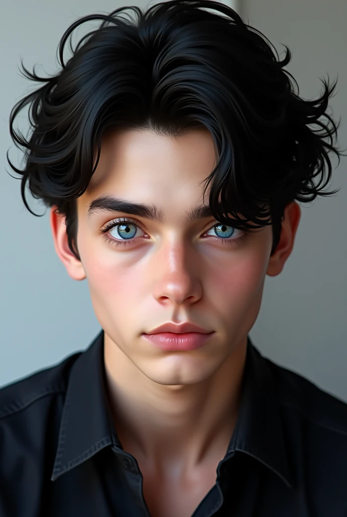 handsome boy, blue eyes, black hair, high
