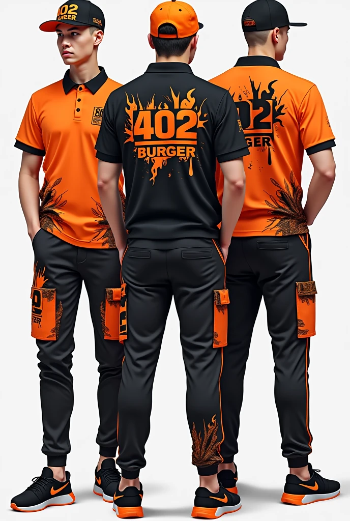 Design a complete uniform for a burger restaurant with the 402burger logo in black and orange with a polo-style t-shirt and jogger pants that are creative, urban and disruptive with creative designs and flames on the sweatshirt and t-shirt and a cap