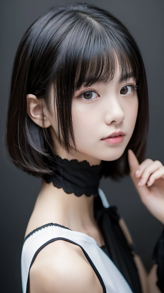 (Short cute girl,18-year-old,Young and delicate),(masterpiece,Highest quality),(),Black medium bob,White Background