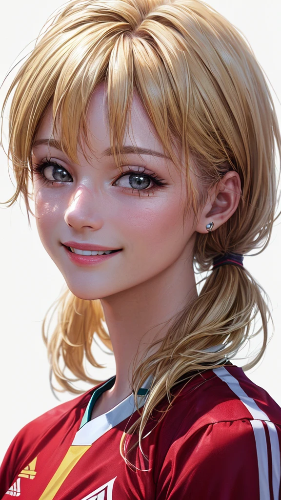 (Highest quality、8k、32K、masterpiece)、(RAW Photos)、(Realistic)、(Photorealistic:1.2)、(High resolution)、Very detailed、Very beautiful face and eyes、1 person、Round and small face、Narrow waist、Delicate body、(Highest quality、Attention to detail、Rich skin detail)、(Highest quality、8k、Oil paints:1.2)、Very detailed、(Realistic、Realistic:1.37)、Bright colors、(((Looks happy)))、(((Blonde)))、(((Brand Hair)))、(((smile)))、(((Upper Body)))、(((White Background)))、(((Side Tail Hair)))、(((Pure white wall background)))、(((Wearing a soccer uniform)))、(((Pure white wall background)))、(((It&#39;s a vertical striped uniform.)))、(((Has a keen eye)))、(((Black and pink uniform)))、(((Touching the lips with the right hand)))、(((私はBlondeです、It is a side ponytail)))、(((There are no lines on the shoulder.)))