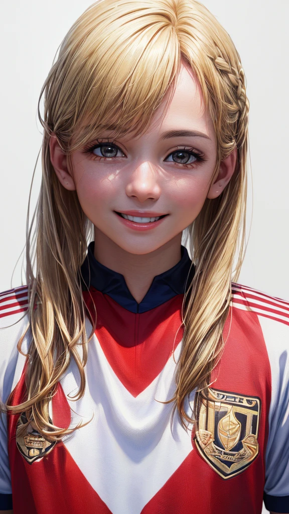 (Highest quality、8k、32K、masterpiece)、(RAW Photos)、(Realistic)、(Photorealistic:1.2)、(High resolution)、Very detailed、Very beautiful face and eyes、1 person、Round and small face、Narrow waist、Delicate body、(Highest quality、Attention to detail、Rich skin detail)、(Highest quality、8k、Oil paints:1.2)、Very detailed、(Realistic、Realistic:1.37)、Bright colors、(((Looks happy)))、(((Blonde)))、(((Brand Hair)))、(((smile)))、(((Upper Body)))、(((White Background)))、(((Side Tail Hair)))、(((Pure white wall background)))、(((Wearing a soccer uniform)))、(((Pure white wall background)))、(((It&#39;s a vertical striped uniform.)))、(((Has a keen eye)))、(((Black and pink uniform)))、(((Touching the lips with the right hand)))、(((私はBlondeです、It is a side ponytail)))、(((There are no lines on the shoulder.)))