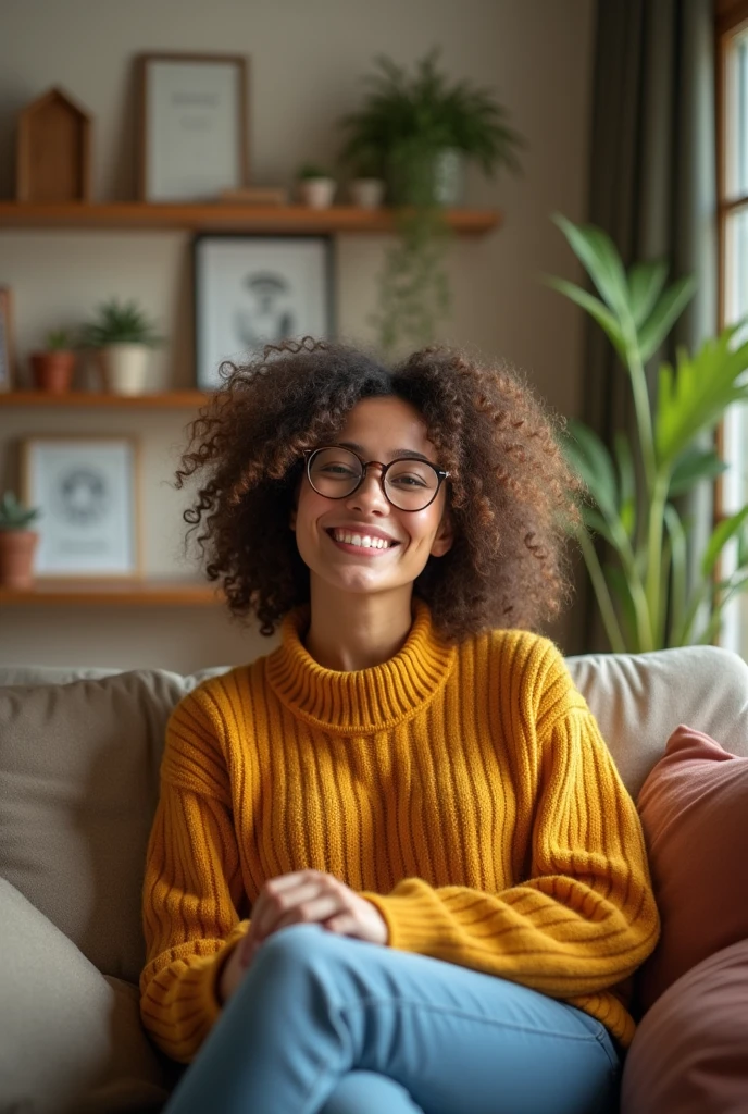 Happy woman with glasses sitting in her living room 
