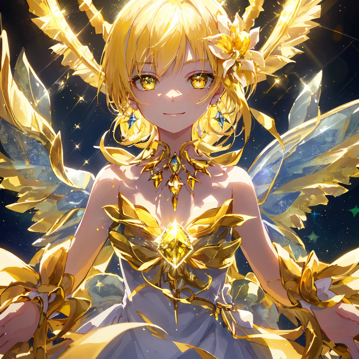 1 girl masterpiece, highest quality, shape, smile,yellow sapphire eyes and hair, yellow sapphire earrings, yellow sapphire necklace, sword, metal fairy, cute, (dynamic lighting:1.2), cinematic lighting, delicate features, fine eyes, sharp pupils, realistic student, written boundary depth, Bokeh, sharp focus, (very detailed, bloom, shine:1.4), lots of little gems