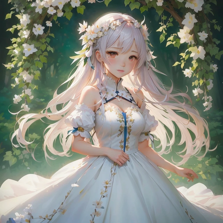 anime girl in a white dress with flowers in her hair, guweiz on pixiv artstation, in dress, guweiz on artstation pixiv, cute anime waifu in a nice dress, guweiz, trending on artstation pixiv, cushart krenz key art feminine, artwork in the style of guweiz