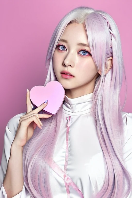 Anime girl with pink eyes and long hair holding a pink heart, visual anime of a cute girl, beautiful anime face, cute anime face, extremely cute anime girl face, Girl with white hair, cute anime face, White haired deity, ethereal anime, Perfect white hair girl, violet evergarden, closeup of a young anime girl, with huge luminous and sad eyes