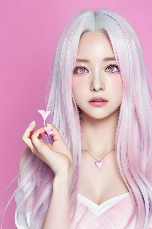 Anime girl with pink eyes and long hair holding a pink heart, visual anime of a cute girl, beautiful anime face, cute anime face, extremely cute anime girl face, Girl with white hair, cute anime face, White haired deity, ethereal anime, Perfect white hair girl, violet evergarden, closeup of a young anime girl, with huge luminous and sad eyes