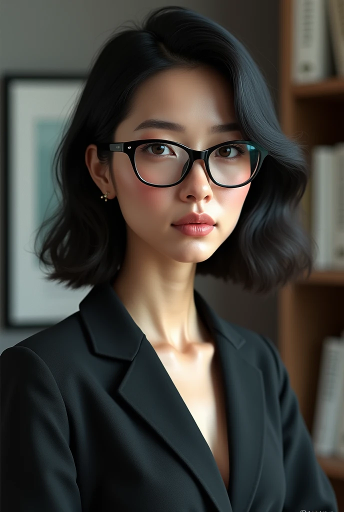 Create me an image of a female psychologist with black hair and black glasses
