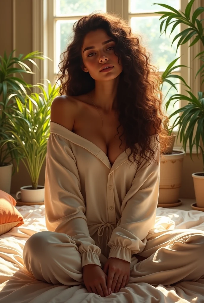 (photorealism:1.2), beautiful woman, sitting on bed, wearing loose off-shoulder top, pajama pants, long curly hair, indoors, soft lighting, plants in background, window with sunlight, cozy room, relaxed pose, realistic, intricate details, warm colors, by Greg Rutkowski, by Alphonse Mucha
