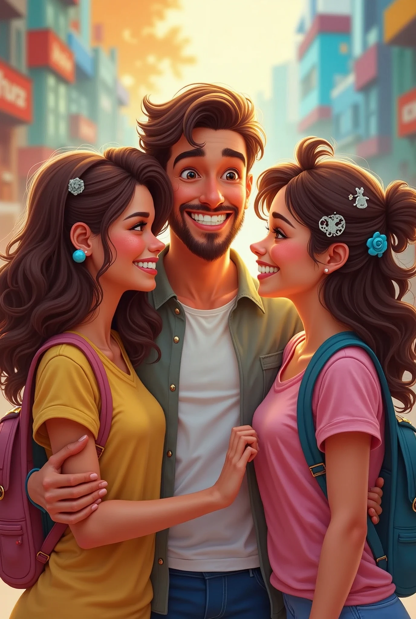 3 friends 1 man and 2 women, one with wavy hair and the other with hair done in the shape of animated characters