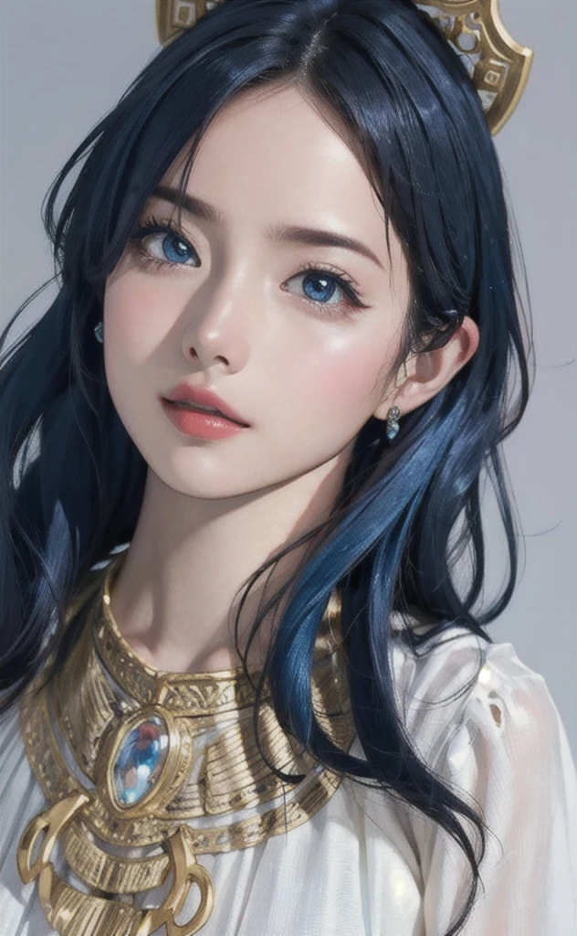 (masterpiece:1.4, Highest quality), (Intricate details), unity 8k wallpaper, Super detailed, beautifully、aesthetic, Perfect lighting, (One person), (Blue Hair, blue eye, Medium chest),, Dynamic pose, Dynamic Angle, lipstick, slim, slim body, Medium chest, , Detailed Background, Realistic, alone, Face in perfect detail, detailed eye, Very detailed, blush, hair ornaments, rolling_eye, squint,