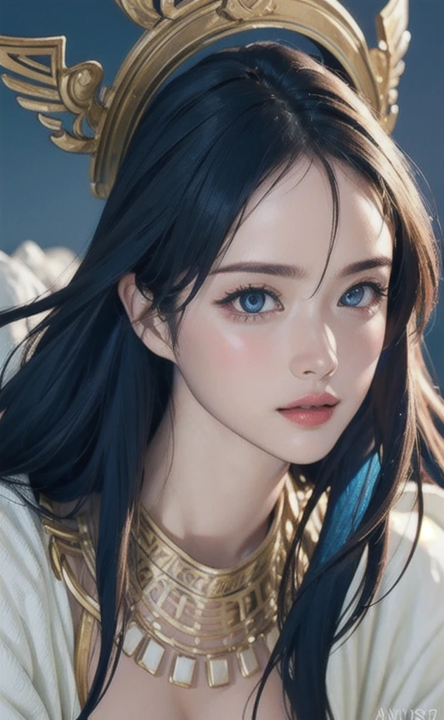 (masterpiece:1.4, Highest quality), (Intricate details), unity 8k wallpaper, Super detailed, beautifully、aesthetic, Perfect lighting, (One person), (Blue Hair, blue eye, Medium chest),, Dynamic pose, Dynamic Angle,  lipstick, slim, slim body, Medium chest, , Detailed Background, Realistic, alone, Face in perfect detail, detailed eye, Very detailed, blush, hair ornaments, rolling_eye, squint,