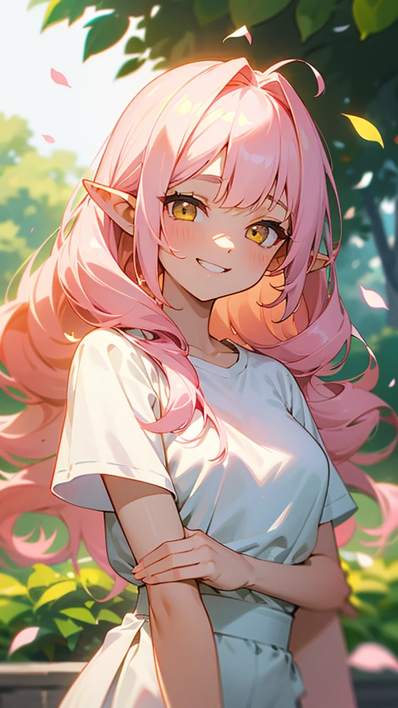 Girl、Long Hair Pink、Twin Drill, Bangs divided into left and right:1.5、Yellow Eyes、Pointy Ears、Grin、White T-shirt with ethnic pattern、White shorts、1 beautiful and delicate portrait、The background scenery is a garden where petals are scattering.、Soft lighting、Upper body close-up